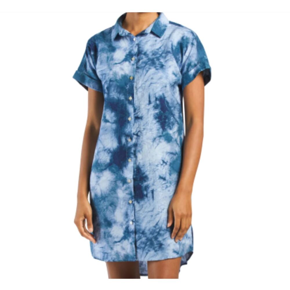 Cynthia Rowley Linen Tie Dye Shirt Dress Blue Hi-Low Hem Mini Women's XS
